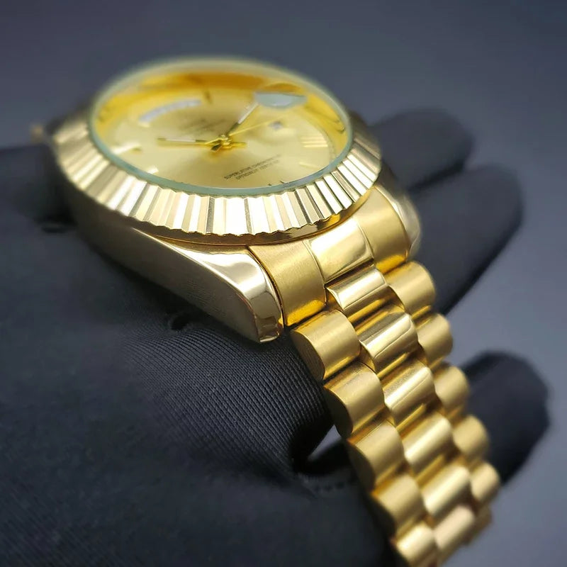 Luxury Gold-Tone Day-Date Quartz Men's Watch with Roman Numerals