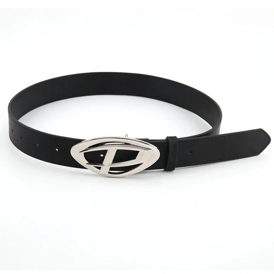 Women's Genuine Leather Belt with Modern Geometric Buckle - Y2K