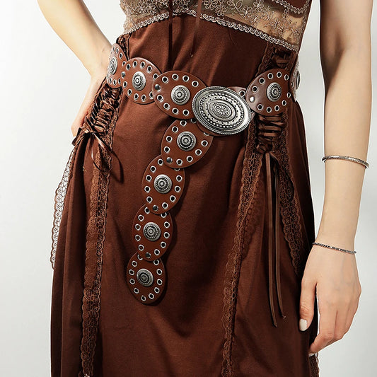 Women's Boho Circular Grommet Belt with Engraved Medallion Buckle