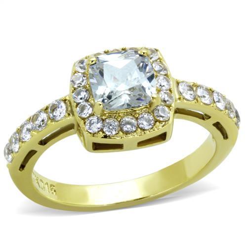 Women's Gold-Plated Cushion Cut Ring with Halo and Cubic Zirconia