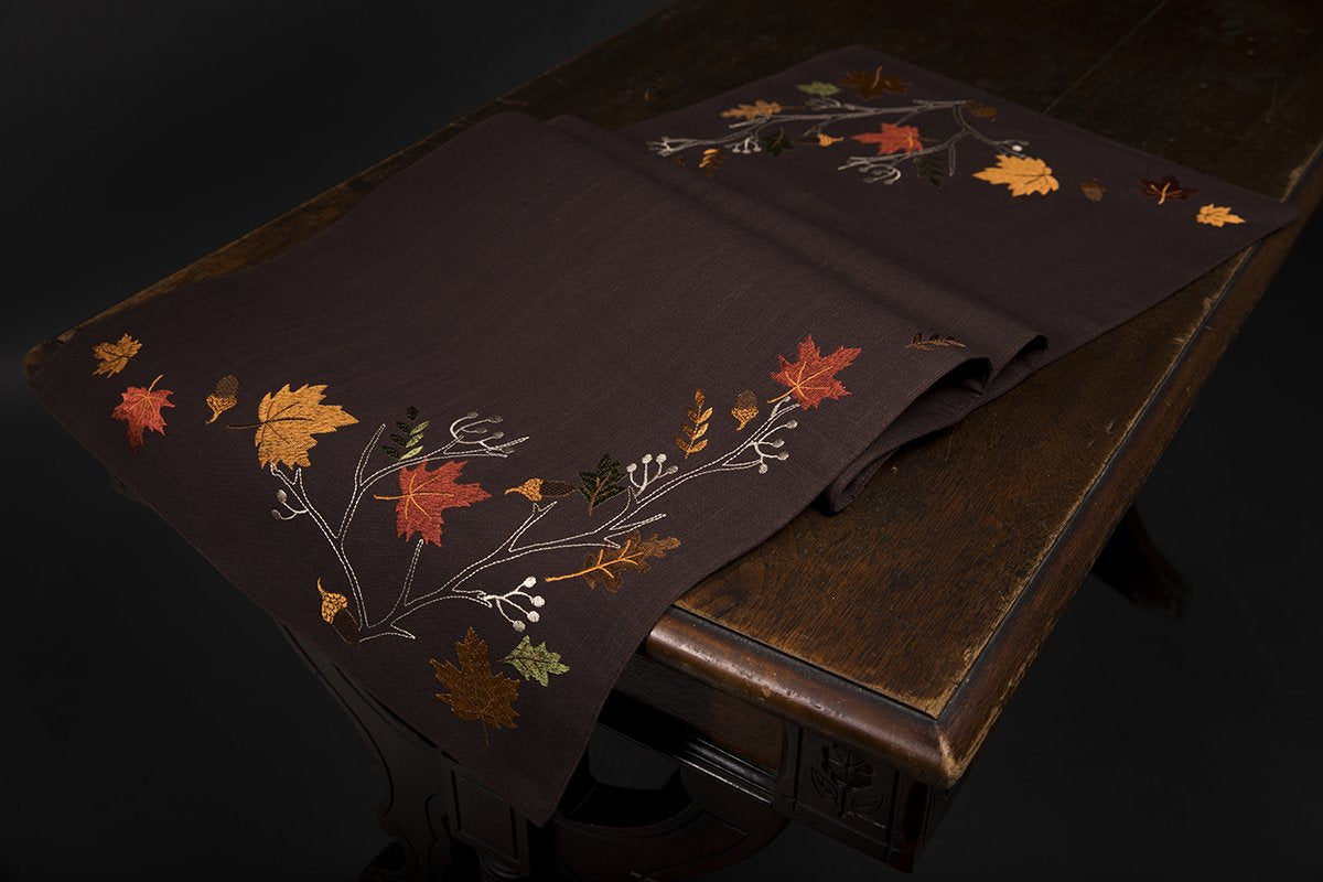 Elegant Autumn Embroidered Table Runner | Fall Leaves Design