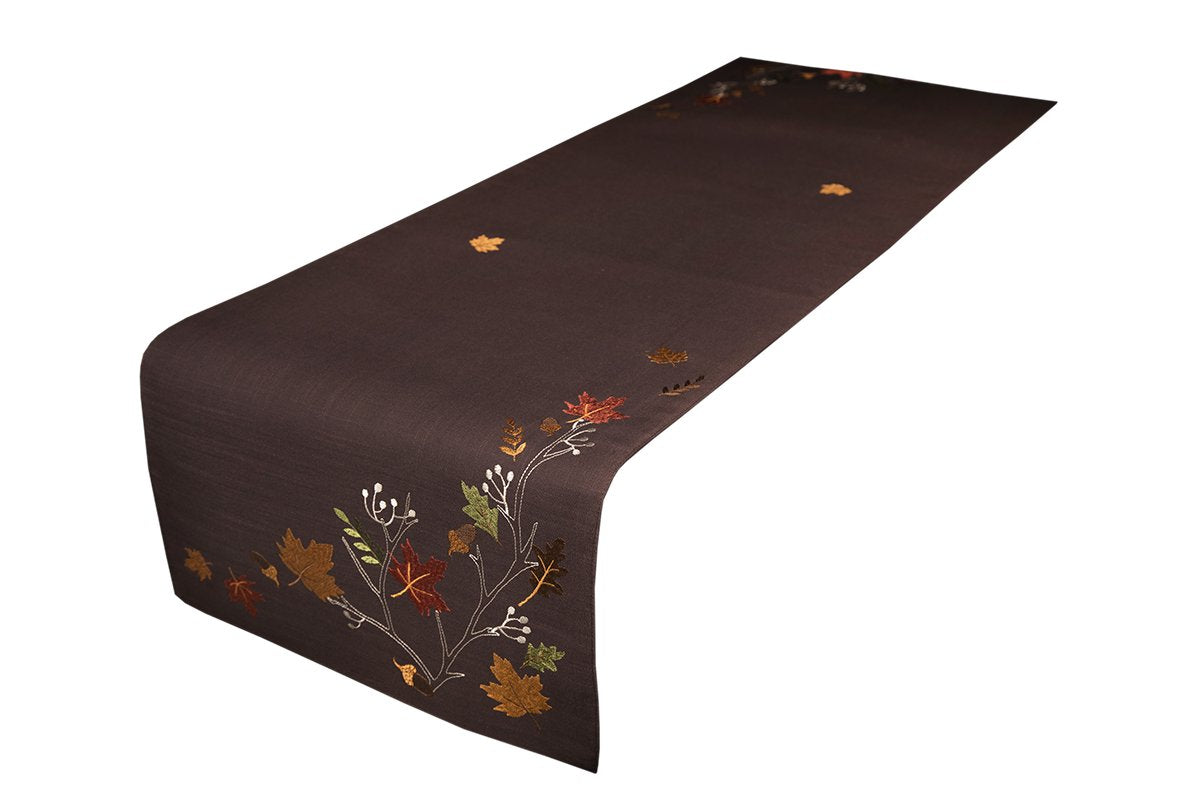 Elegant Autumn Embroidered Table Runner | Fall Leaves Design