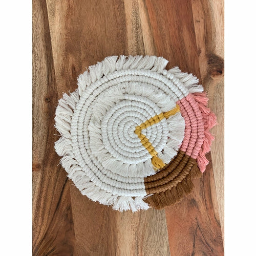 Load image into Gallery viewer, Handmade Boho Cotton Rope Coasters – Round Woven Coasters with Fringe
