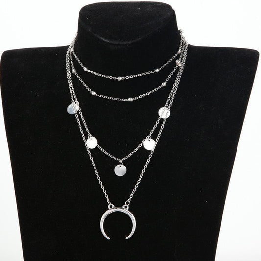 Women's Layered Silver-Tone Crescent Moon and Disc Charm Necklace