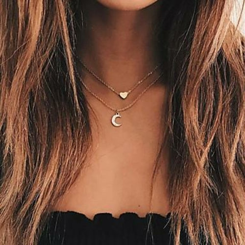 Gold-Tone Layered Necklace w/ Heart & Crystal Crescent Moon Pendants