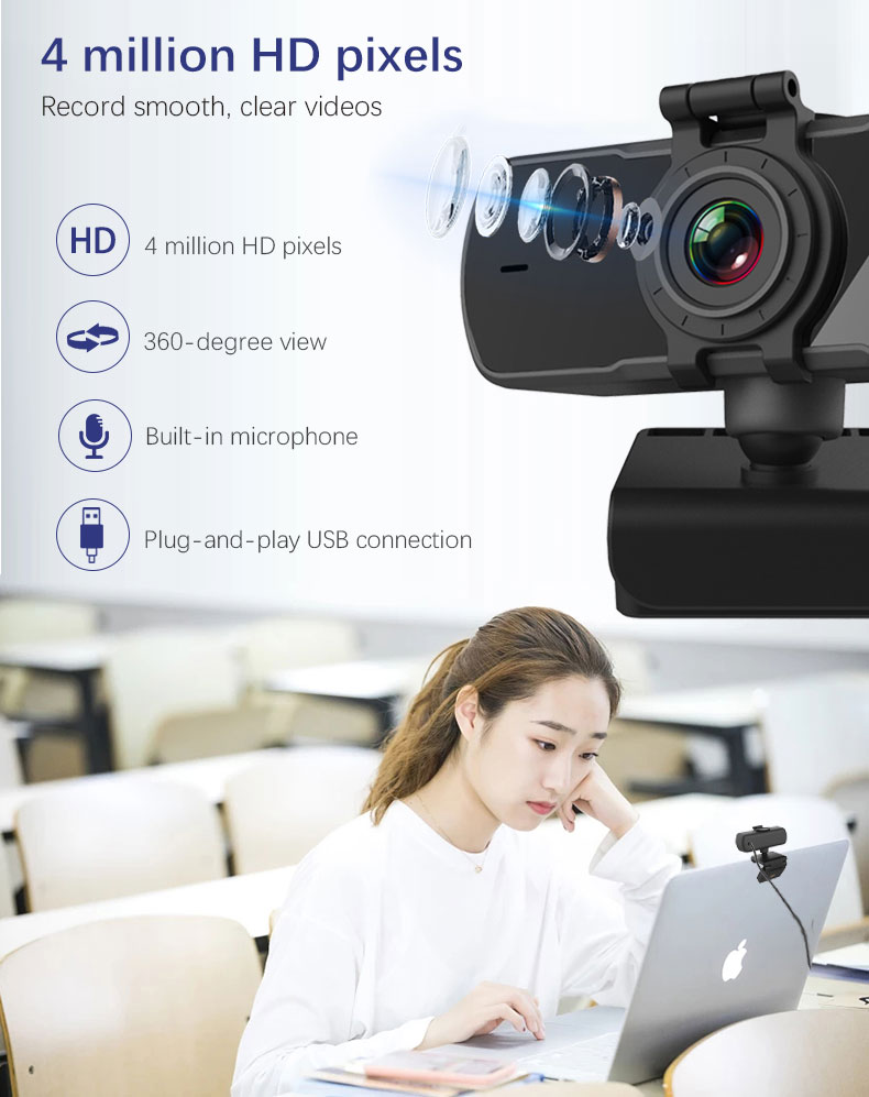 2K HD Webcam with Privacy Cover, Built-in Microphone and Auto Focus