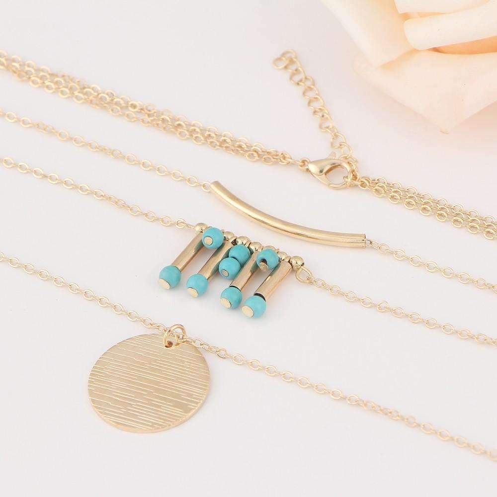 Gold Layered Necklace with Turquoise Bead Accents and Round Pendant