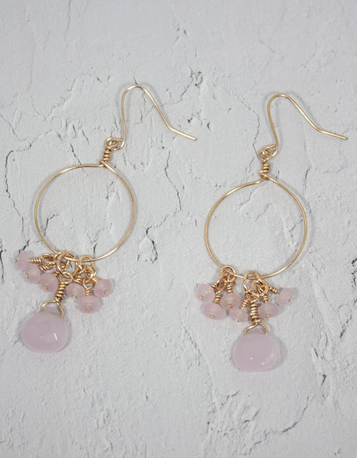 Load image into Gallery viewer, Handcrafted Gold Hoop Earrings with Rose Quartz Gemstone Drops
