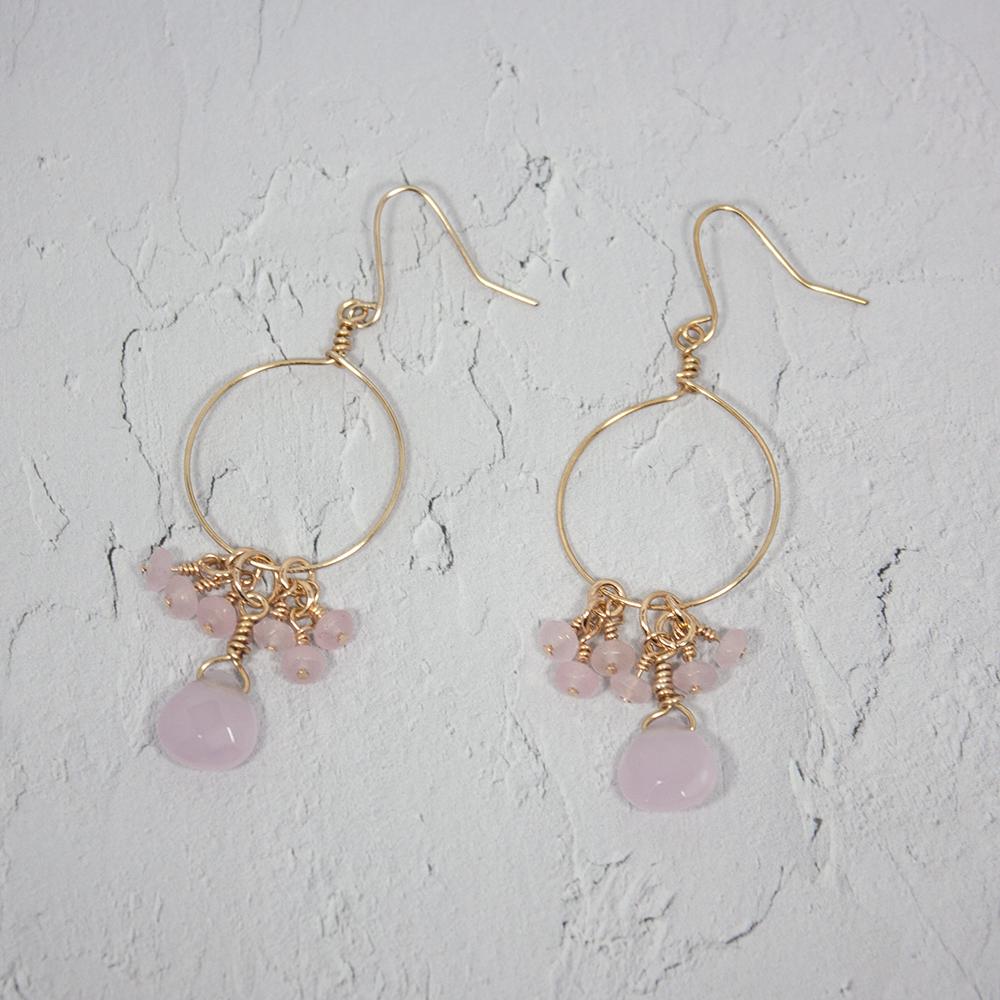 Handcrafted Gold Hoop Earrings with Rose Quartz Gemstone Drops