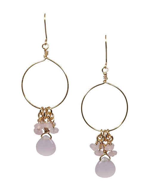 Load image into Gallery viewer, Handcrafted Gold Hoop Earrings with Rose Quartz Gemstone Drops
