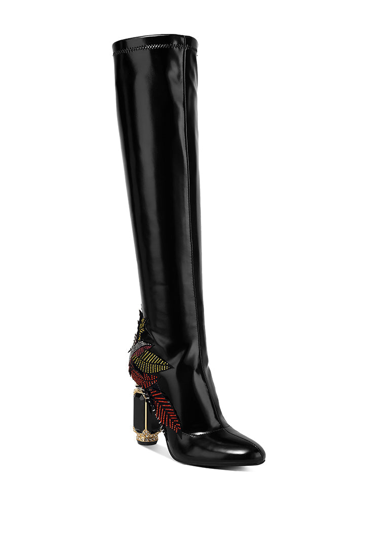 Women's High Gloss Over-The-Knee Boots with Embellished Heel