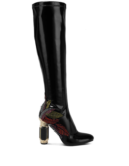 Load image into Gallery viewer, Women&#39;s High Gloss Over-The-Knee Boots with Embellished Heel
