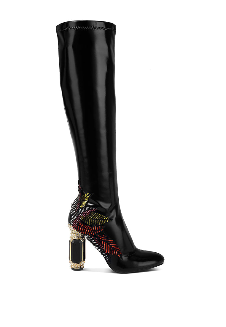 Women's High Gloss Over-The-Knee Boots with Embellished Heel