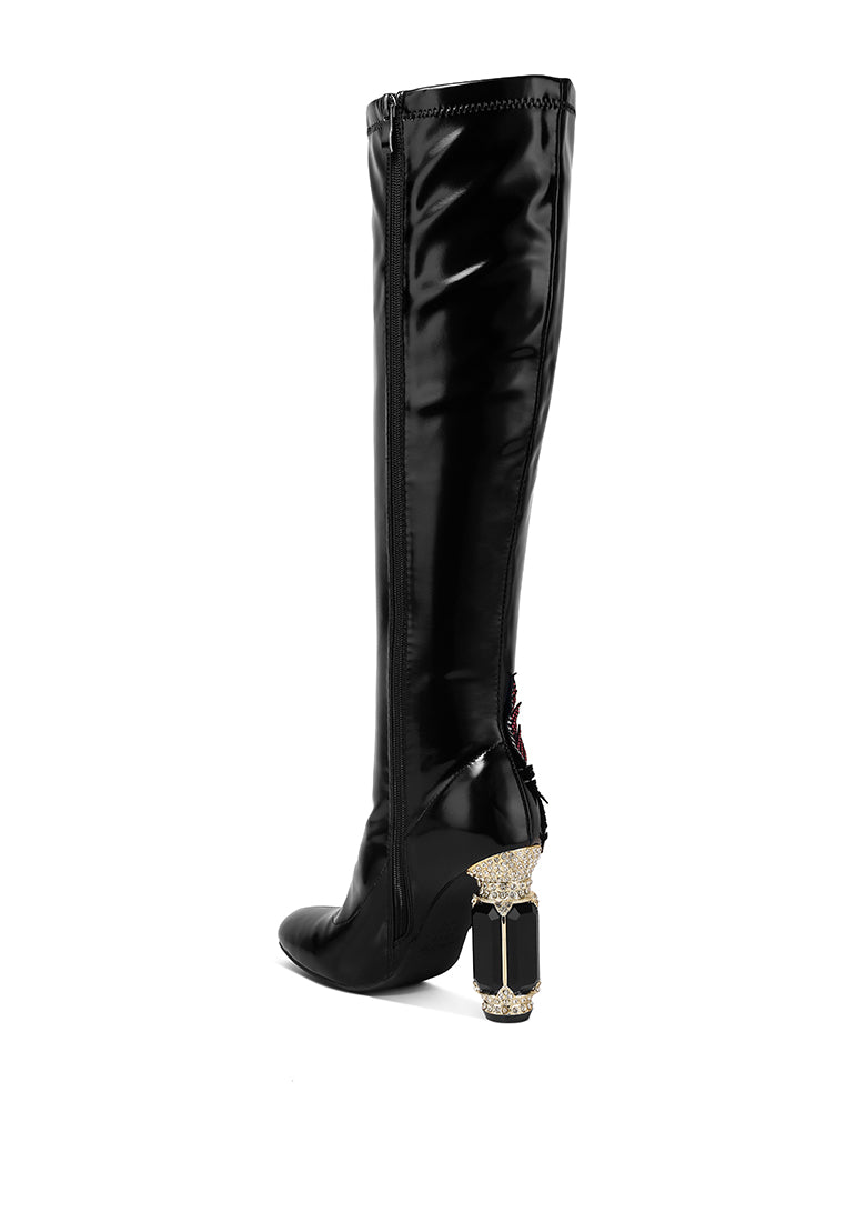 Women's High Gloss Over-The-Knee Boots with Embellished Heel