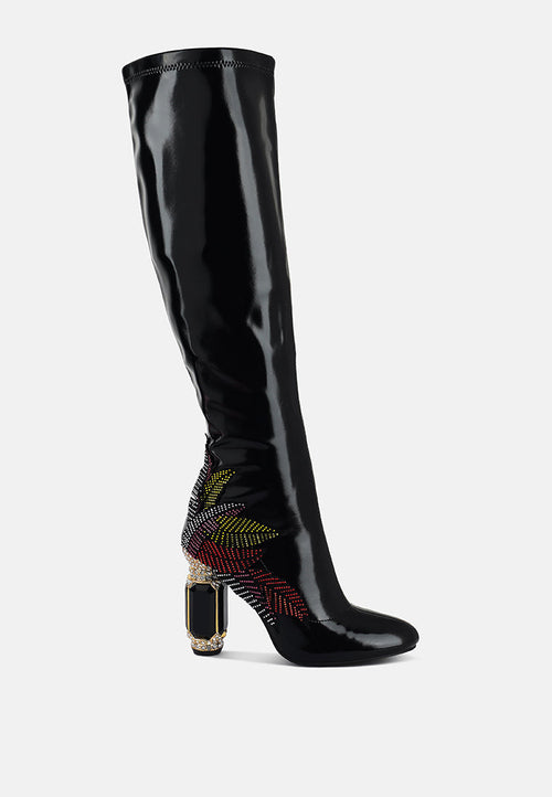 Women's High Gloss Over-The-Knee Boots with Embellished Heel