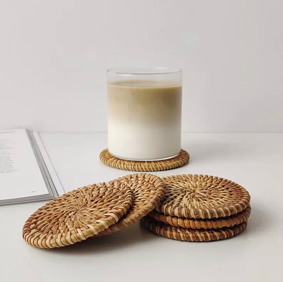 Handwoven Rattan Coasters – Natural Round Wicker