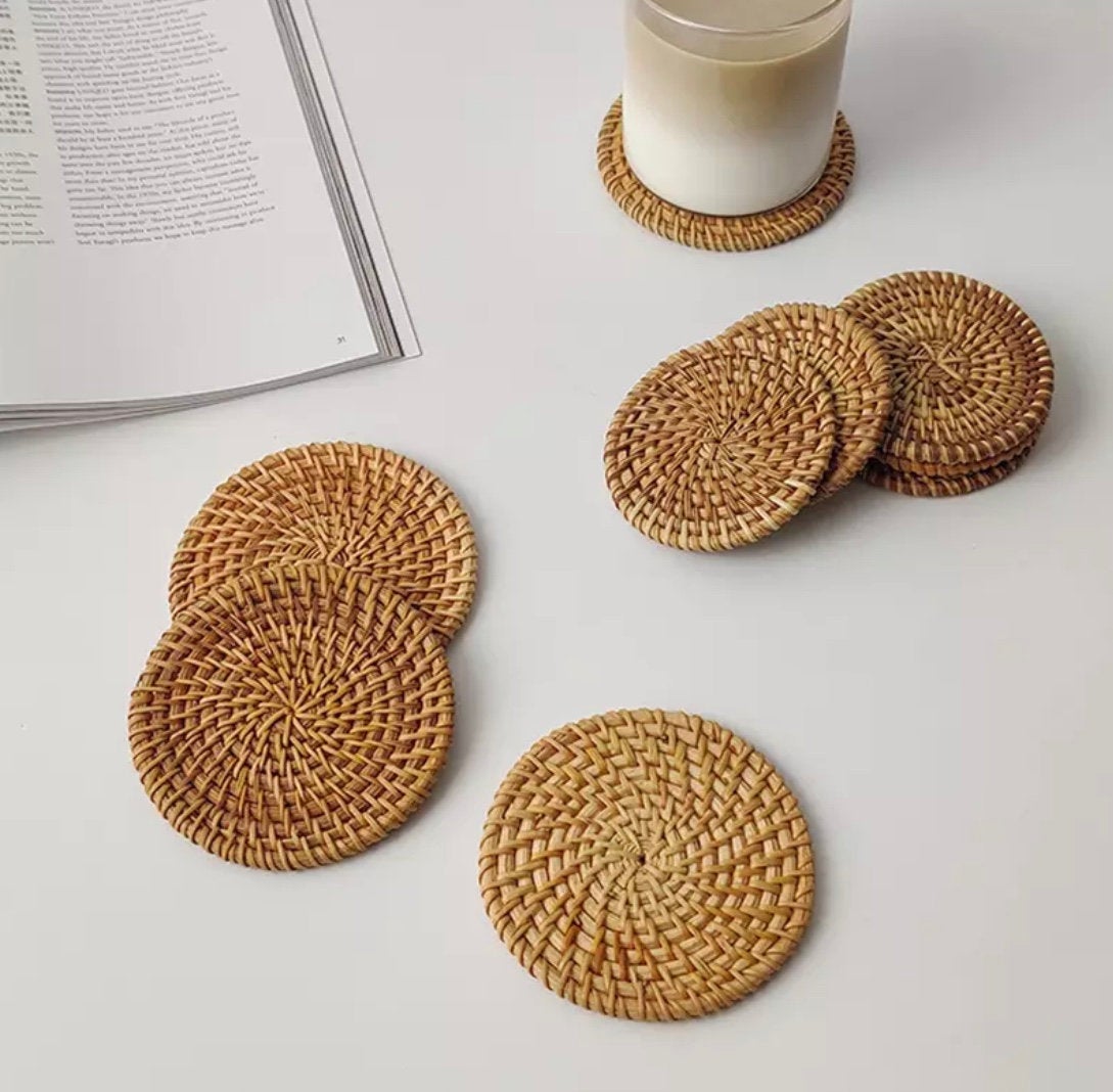 Handwoven Rattan Coasters – Natural Round Wicker