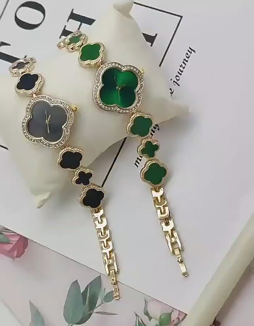 Load and play video in Gallery viewer, 5 piece 4 leaf clover jewelry set with watch, bracelet, earrings, ring, necklace, with jewelry box
