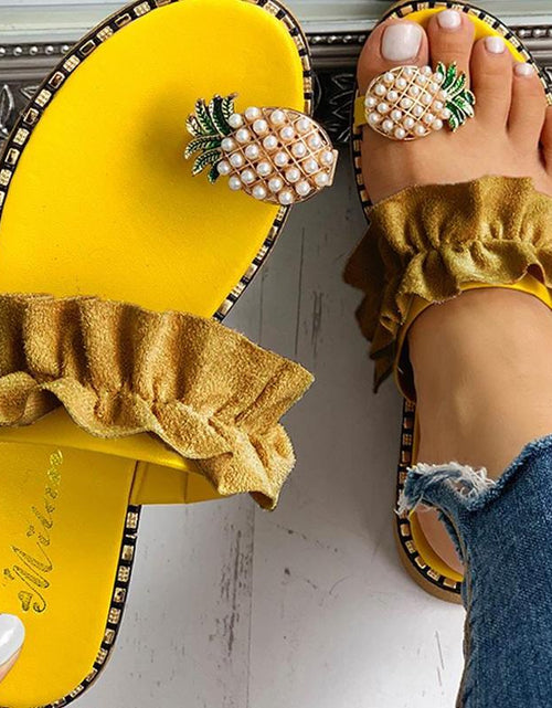 Load image into Gallery viewer, Women&#39;s Yellow Ruffle Sandals with Pineapple Embellishments
