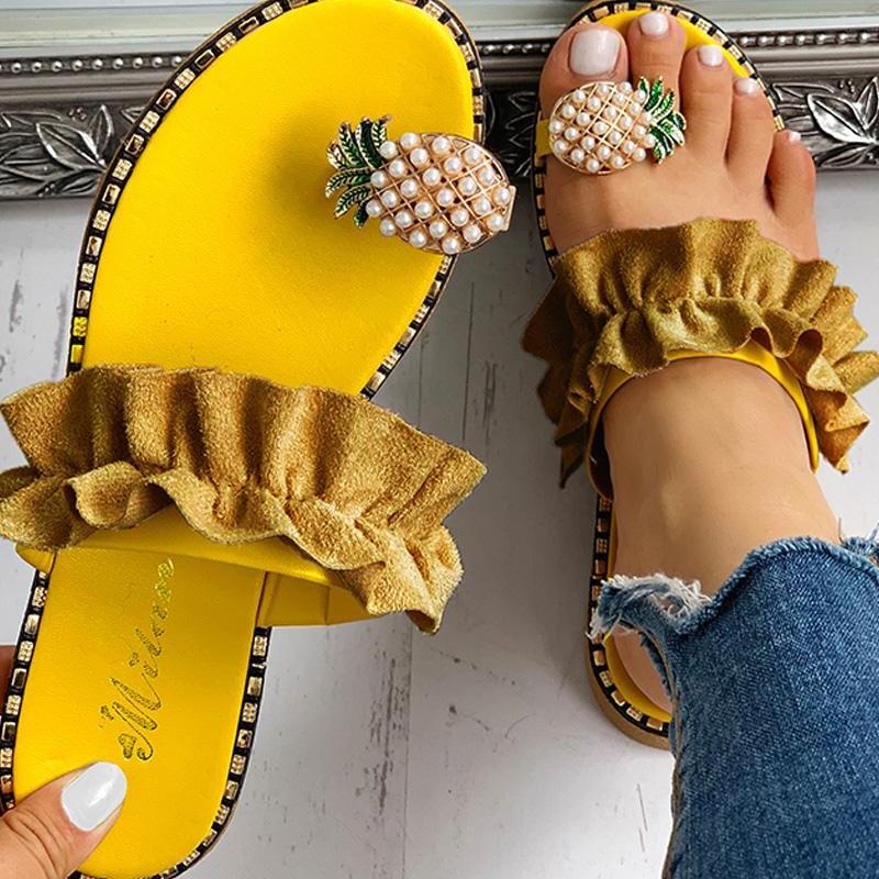 Women's Yellow Ruffle Sandals with Pineapple Embellishments