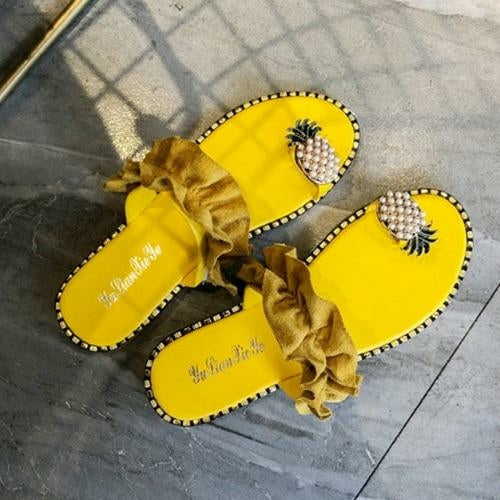 Load image into Gallery viewer, Women&#39;s Yellow Ruffle Sandals with Pineapple Embellishments
