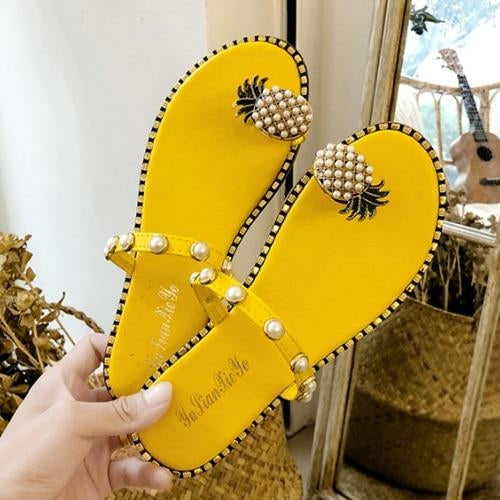 Load image into Gallery viewer, Women&#39;s Yellow Ruffle Sandals with Pineapple Embellishments
