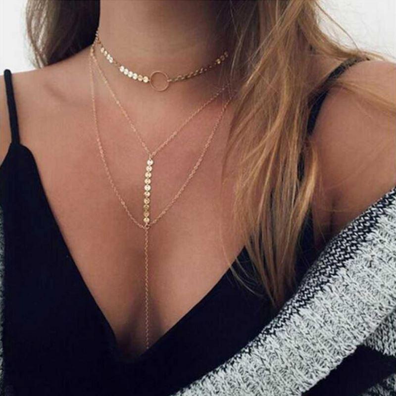 Women's Layered Y-Chain Necklace with Choker and Disc Details