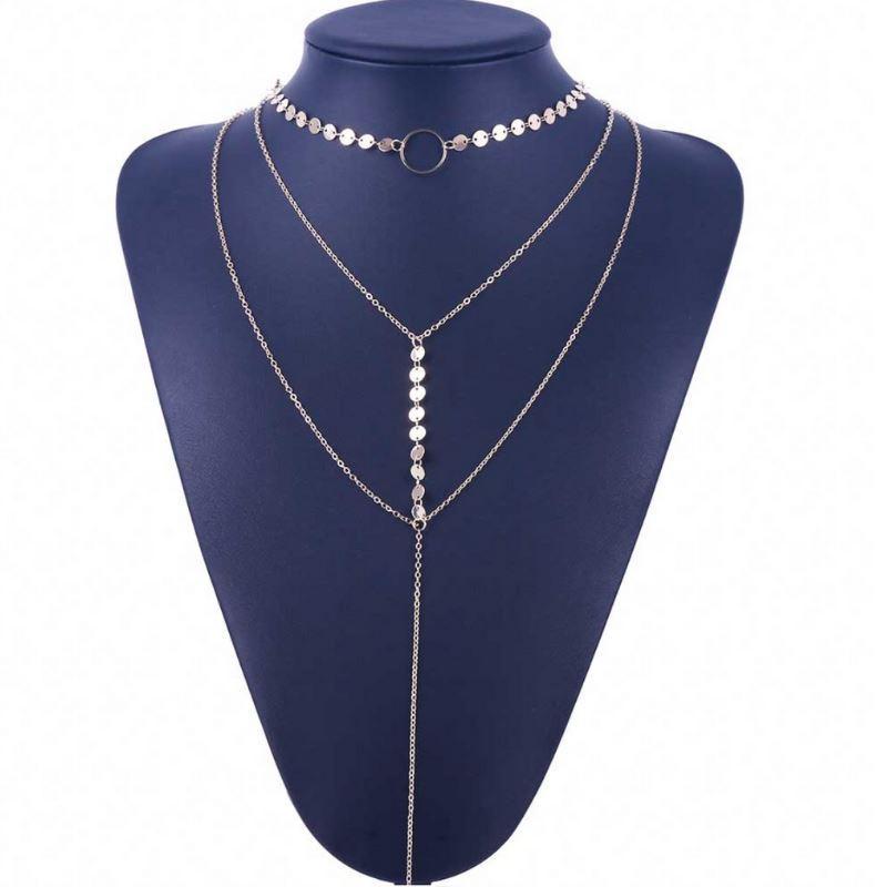 Women's Layered Y-Chain Necklace with Choker and Disc Details