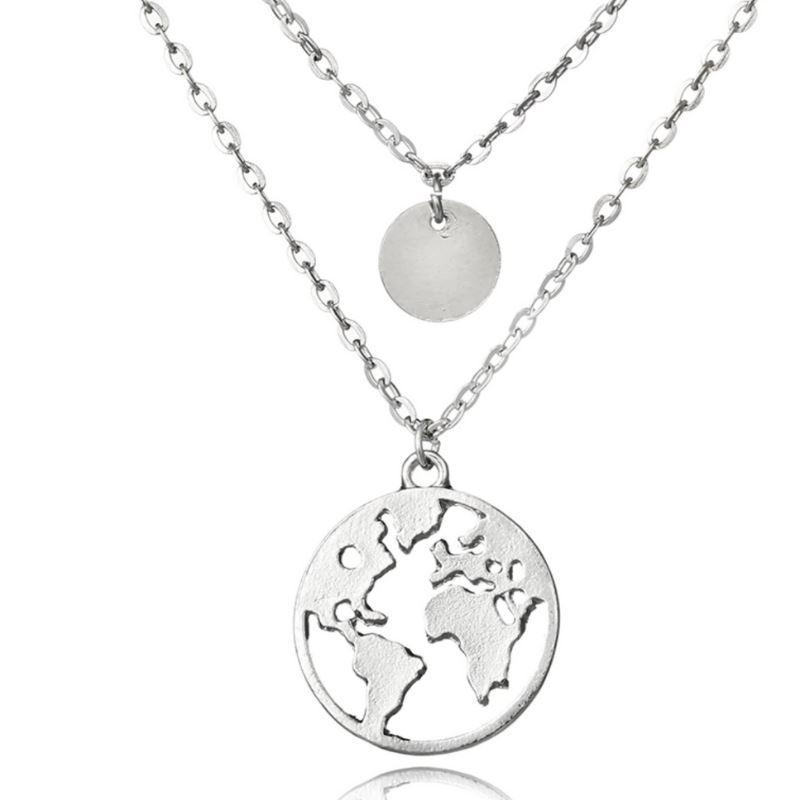 Women's Silver-Tone Layered World Map Necklace with Coin Charms