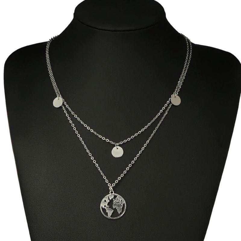 Women's Silver-Tone Layered World Map Necklace with Coin Charms