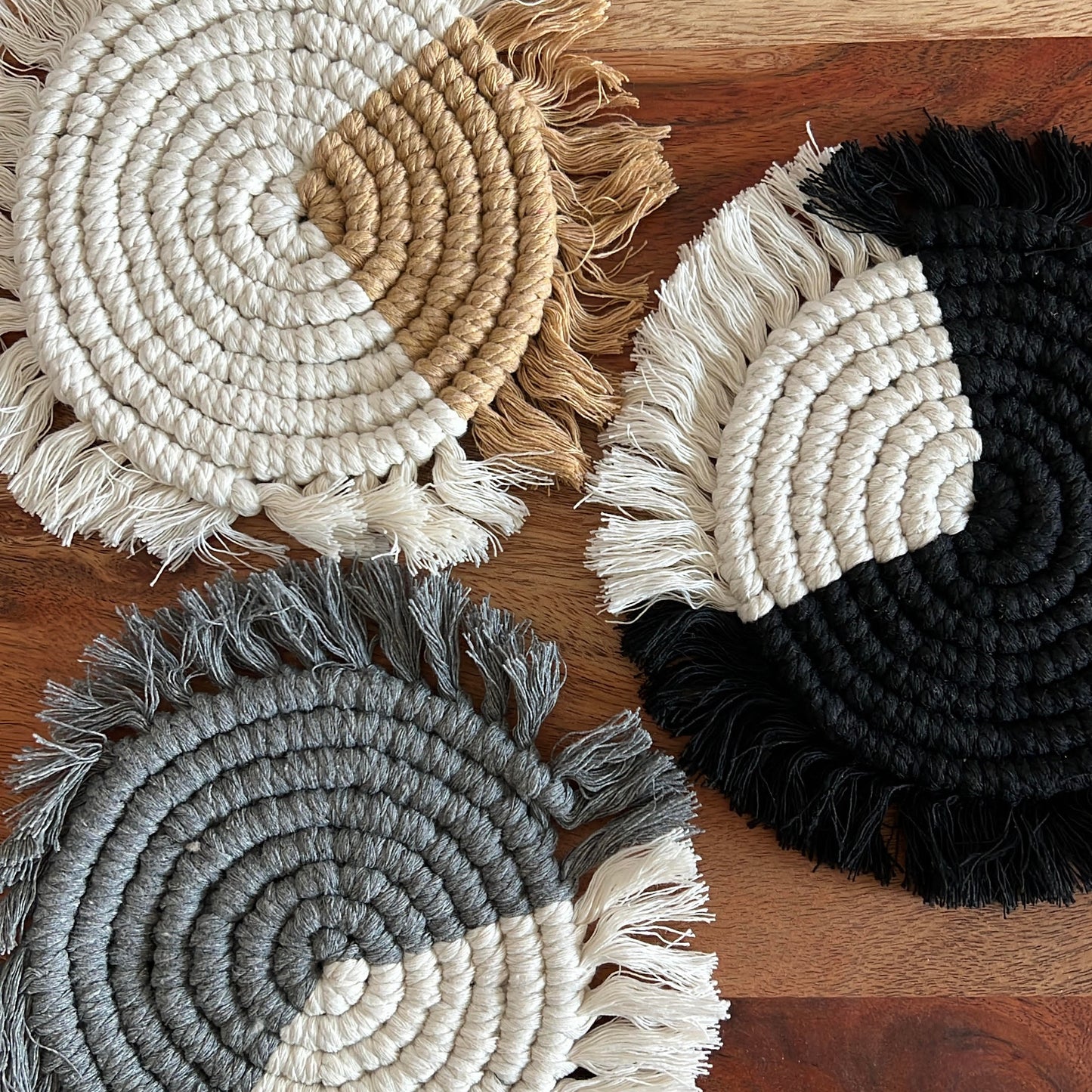 Handmade Boho Cotton Rope Coasters – Round Woven Coasters with Fringe