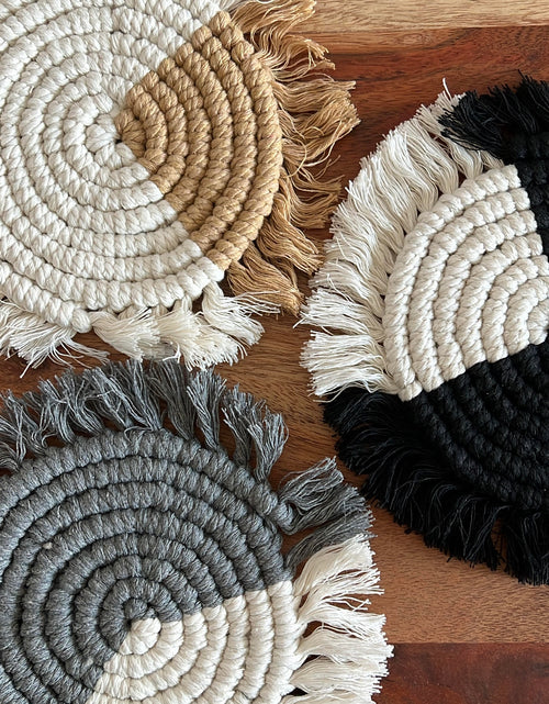 Load image into Gallery viewer, Handmade Boho Cotton Rope Coasters – Round Woven Coasters with Fringe
